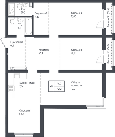 Планировка 4-комн 92,2 м²