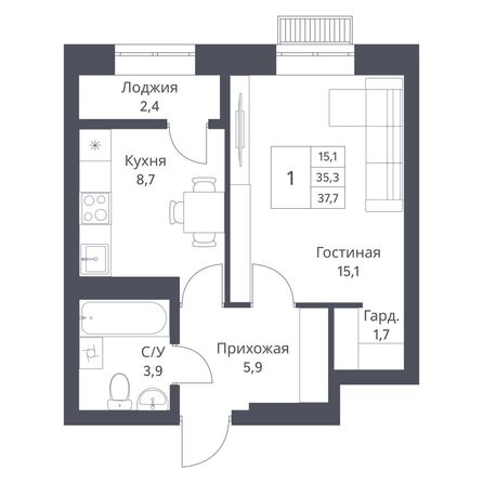 Планировка 1-комн 37,7 м²