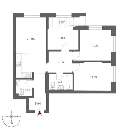 Планировка 3-комн 74,6 м²