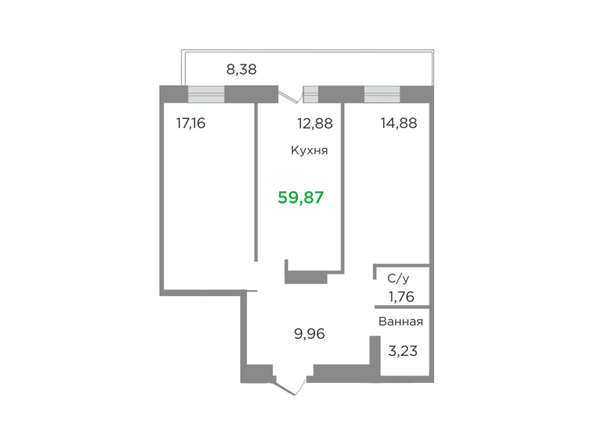 Планировка двухкомнатной квартиры 59,87 кв.м