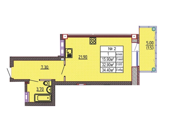 Планировка 1-комн 34,4 м²