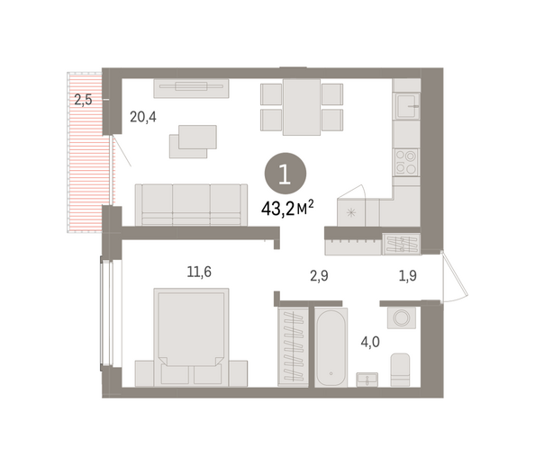 Планировка 1-комн 43,21, 43,22 м²