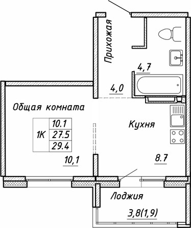 Планировка 1-комн 29,4 м²