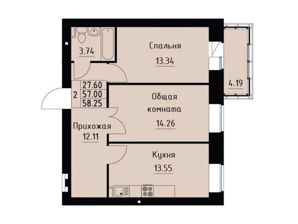 Планировка двухкомнатной квартиры 58,25 кв.м