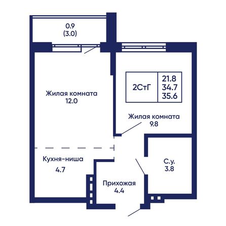 Планировка 2-комн 35,6 м²