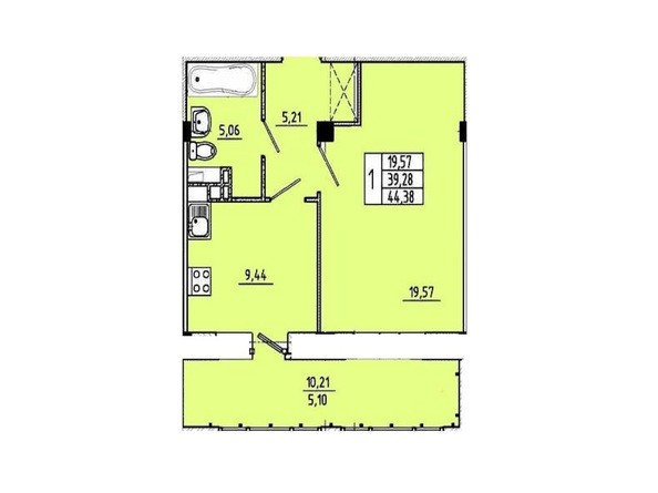Планировка 1-комнатной квартиры 44,38 кв.м