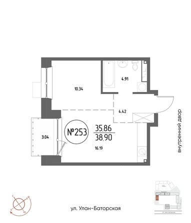 Планировка 1-комн 38,9, 39,04 м²