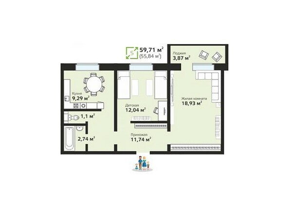 Планировка двухкомнатной квартиры 59,71 кв.м