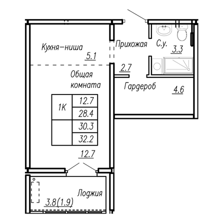 Планировка 1-комн 30,3 м²