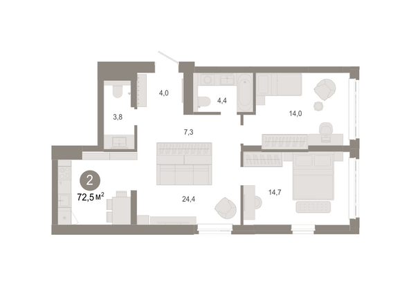 Планировка 2-комн 72,54 - 72,6 м²