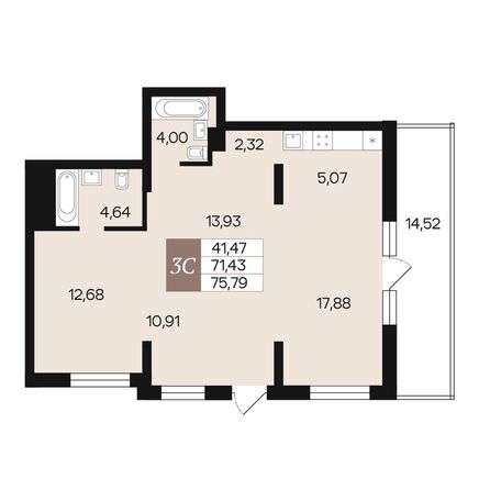 Планировка 3-комн 75,79 м²