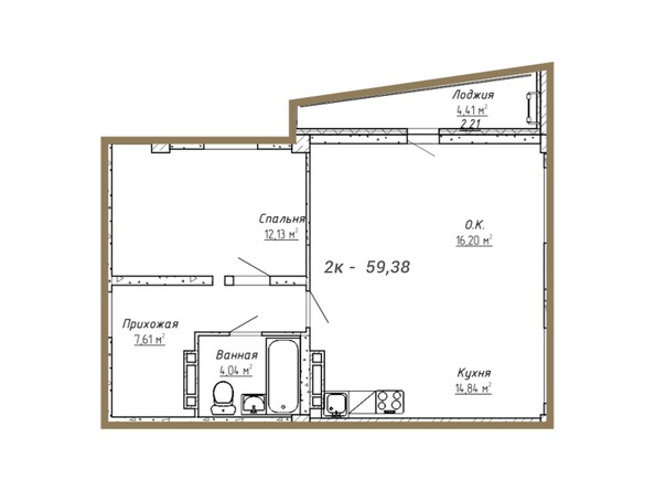 Планировка двухкомнатной квартиры 59,38 кв.м