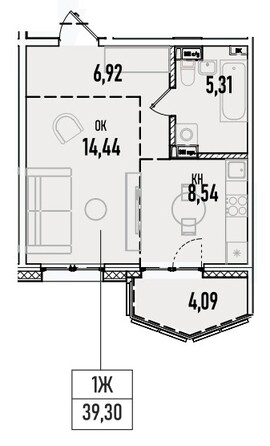 Планировка 1-комн 38,69, 39,3 м²