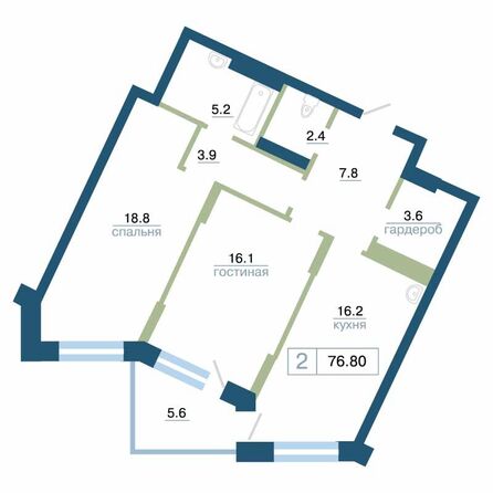 Планировка 2-комн 76,8, 77,1 м²