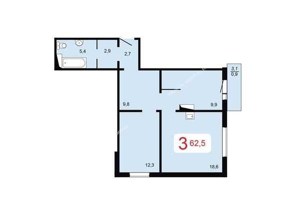 Планировка трехкомнатной квартиры 62,5 кв.м