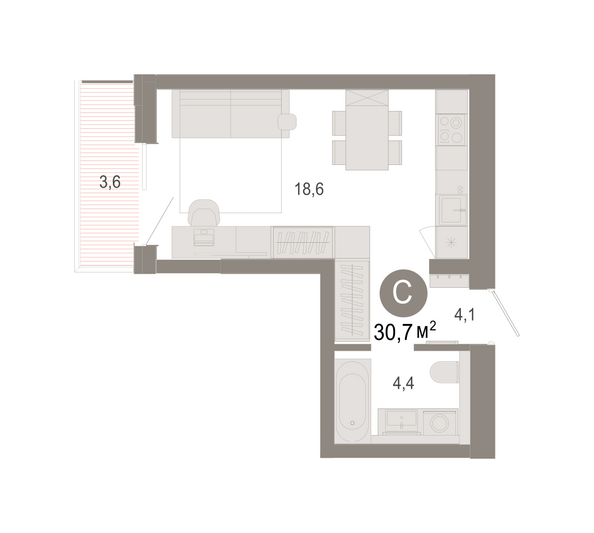 Планировка Студия 30,65, 30,66 м²