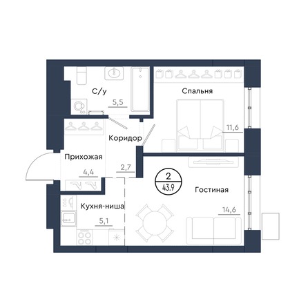 Планировка 2-комн 43,9 м²