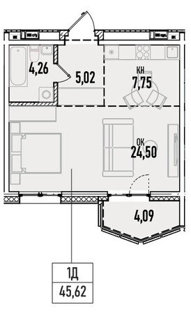 Планировка 1-комн 45,62 м²