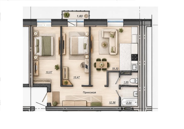 Планировка 3-комн 62,83 м²