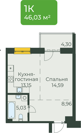 Планировка 1-комн 46,03 м²