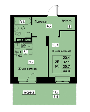 Планировка 2-комн 35,7 м²