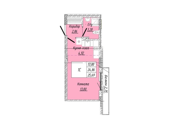 Планировка 1-комн 25,69, 25,76 м²