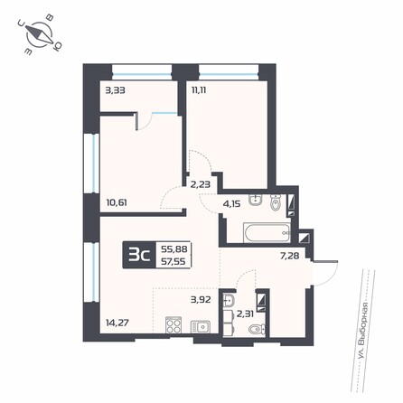 Планировка 3-комн 57,55 м²