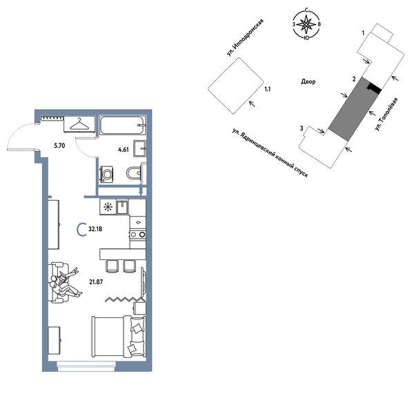 Планировка Студия 32,18, 32,87 м²