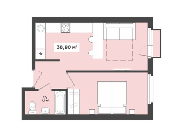 Планировка 2-комнатной квартиры 38,90 кв.м