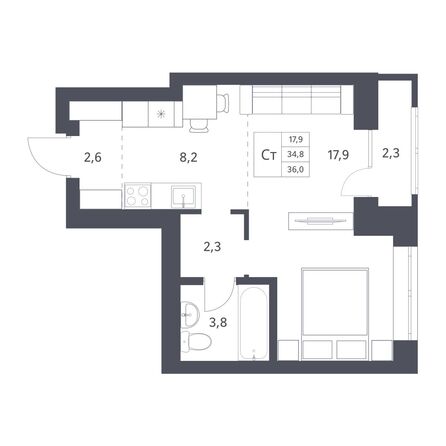 Планировка Студия 34,6, 34,8 м²