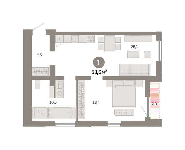 Планировка 1-комн 58,63 м²