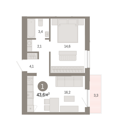 Планировка 1-комн 43,61, 43,62 м²