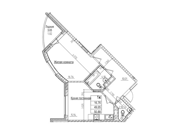 Планировка 1-комн 49 м²