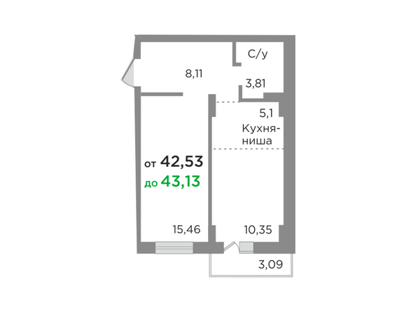 Планировка двухкомнатной квартиры 42,76 кв.м