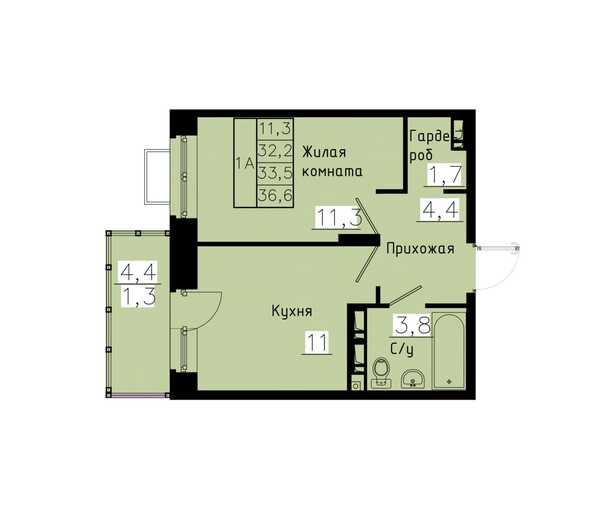 Планировка 1-комн 33,5 м²