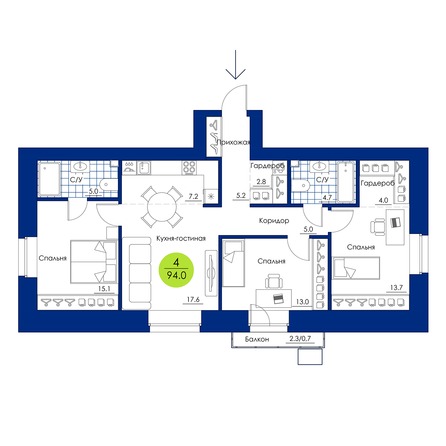 Планировка 4-комн 94 м²