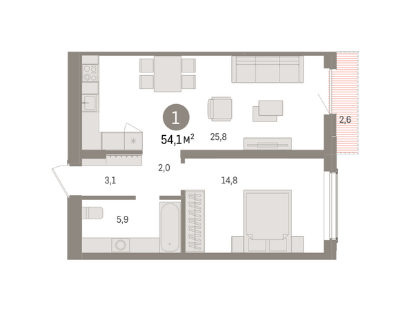 Планировка 1-комн 54,1 - 54,15 м²