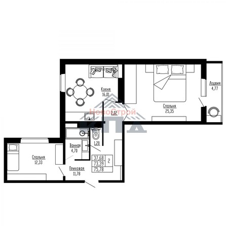 Планировка 2-комн 75,78, 76,04 м²