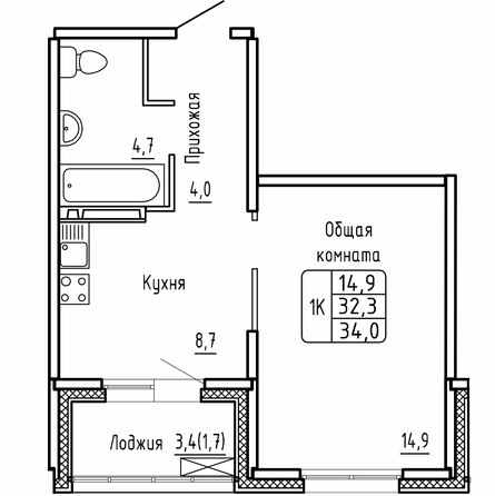 Планировка 1-комн 34 м²