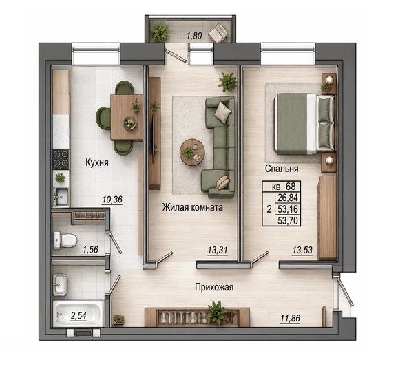 Планировка 2-комн 53,7 м²