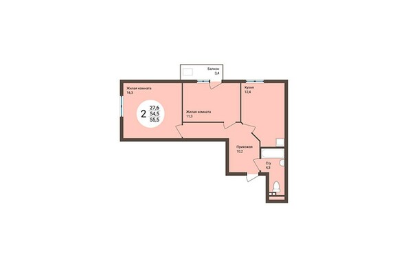 Планировка 2-комнатной квартиры 55,5 кв.м
