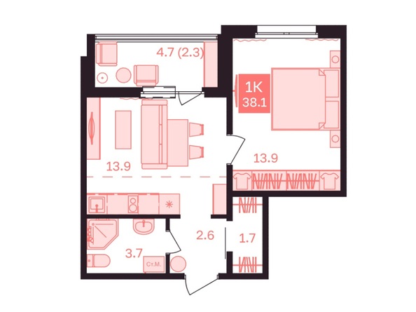 Планировка 1-комн 38,1 м²