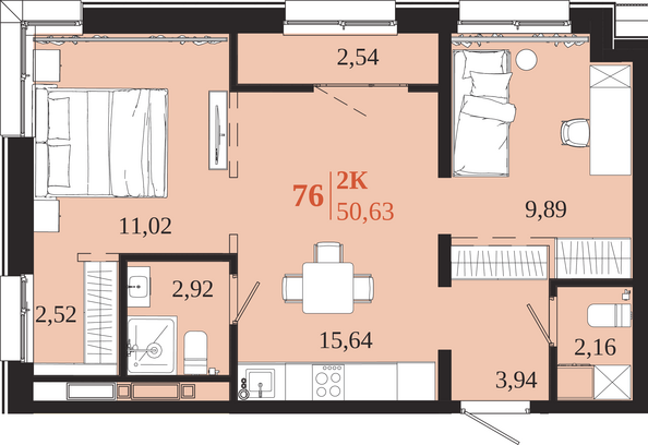 Планировка 2-комн 50,63 м²