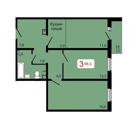 Планировка 3-комн 66,3 м²