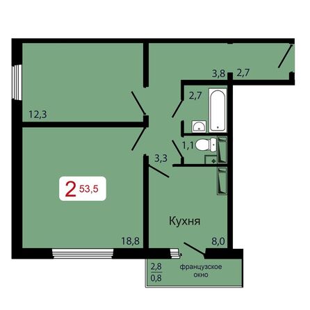 Планировка 2-комн 53,5 м²