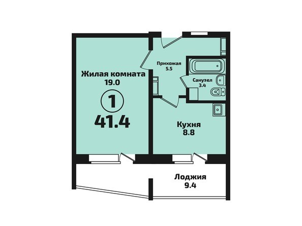 1-комнатная 41,4 кв.м