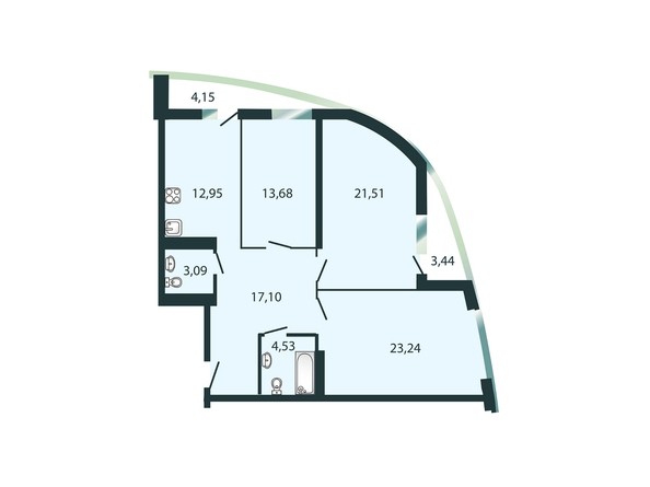 Планировка трехкомнатной квартиры 99,89 кв.м