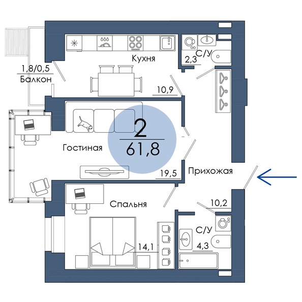 Планировка 2-комн 61,8 м²
