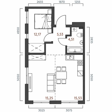 Планировка 2-комн 52,33 - 53,54 м²