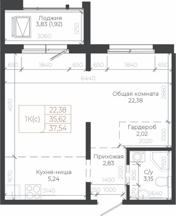 Планировка 1-комн 37,54 м²